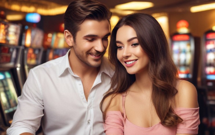 man and woman playing slots