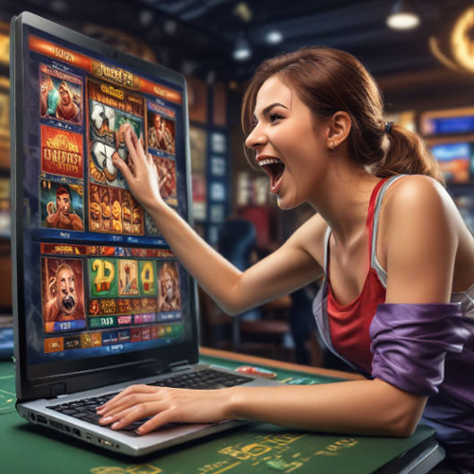 A person in front of a laptop cheering while playing sports-themed slots on Laris88.