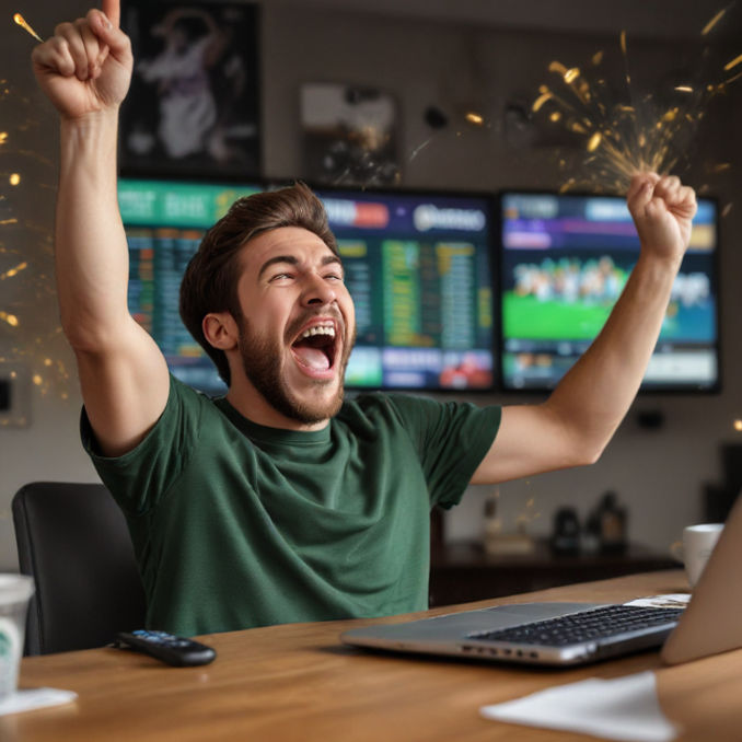 A person is excitedly celebrating a win while viewing sports betting odds on their laptop screen.