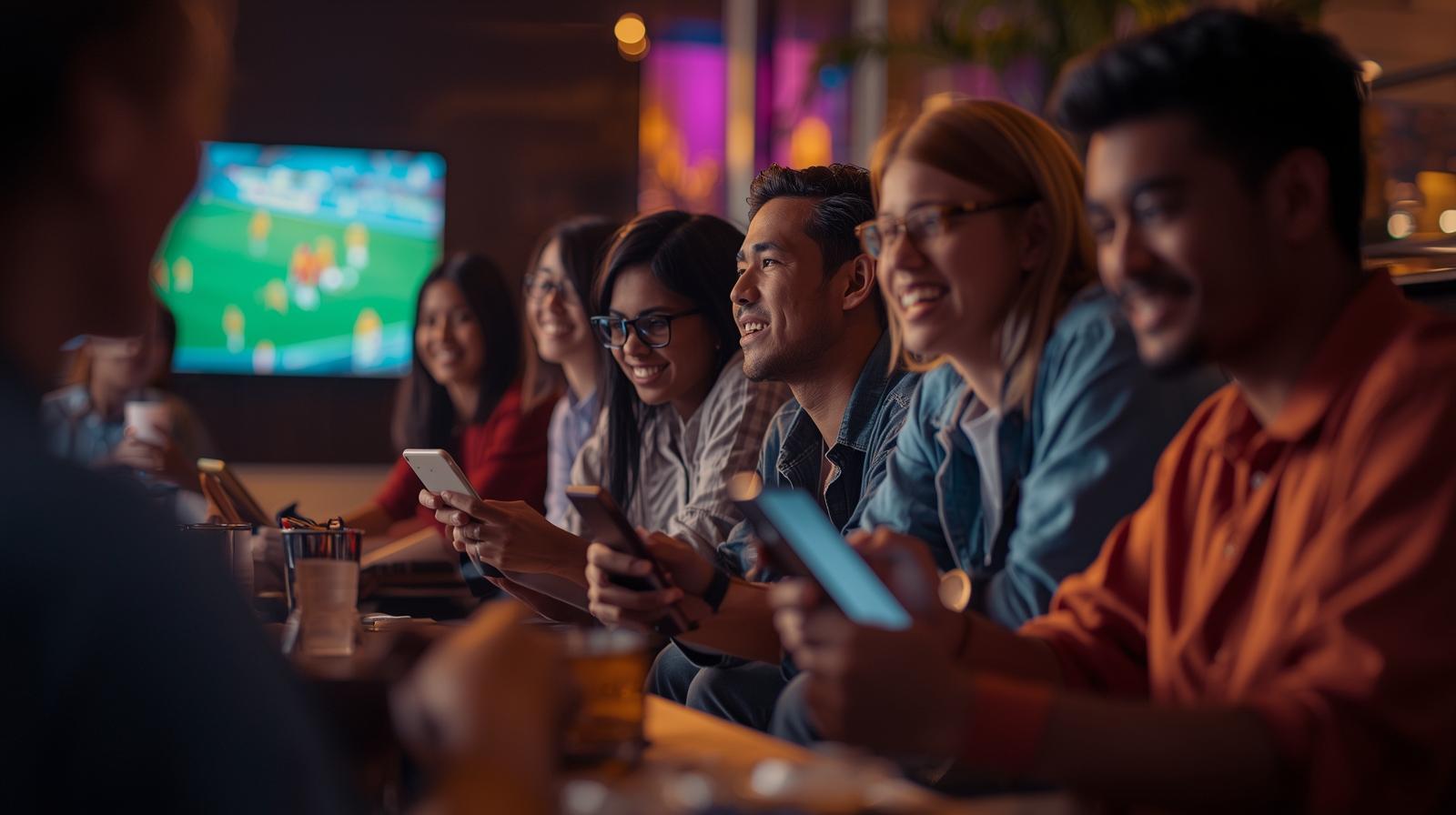 Young Malaysians playing mobile slot games together while muted sports match plays nearby.