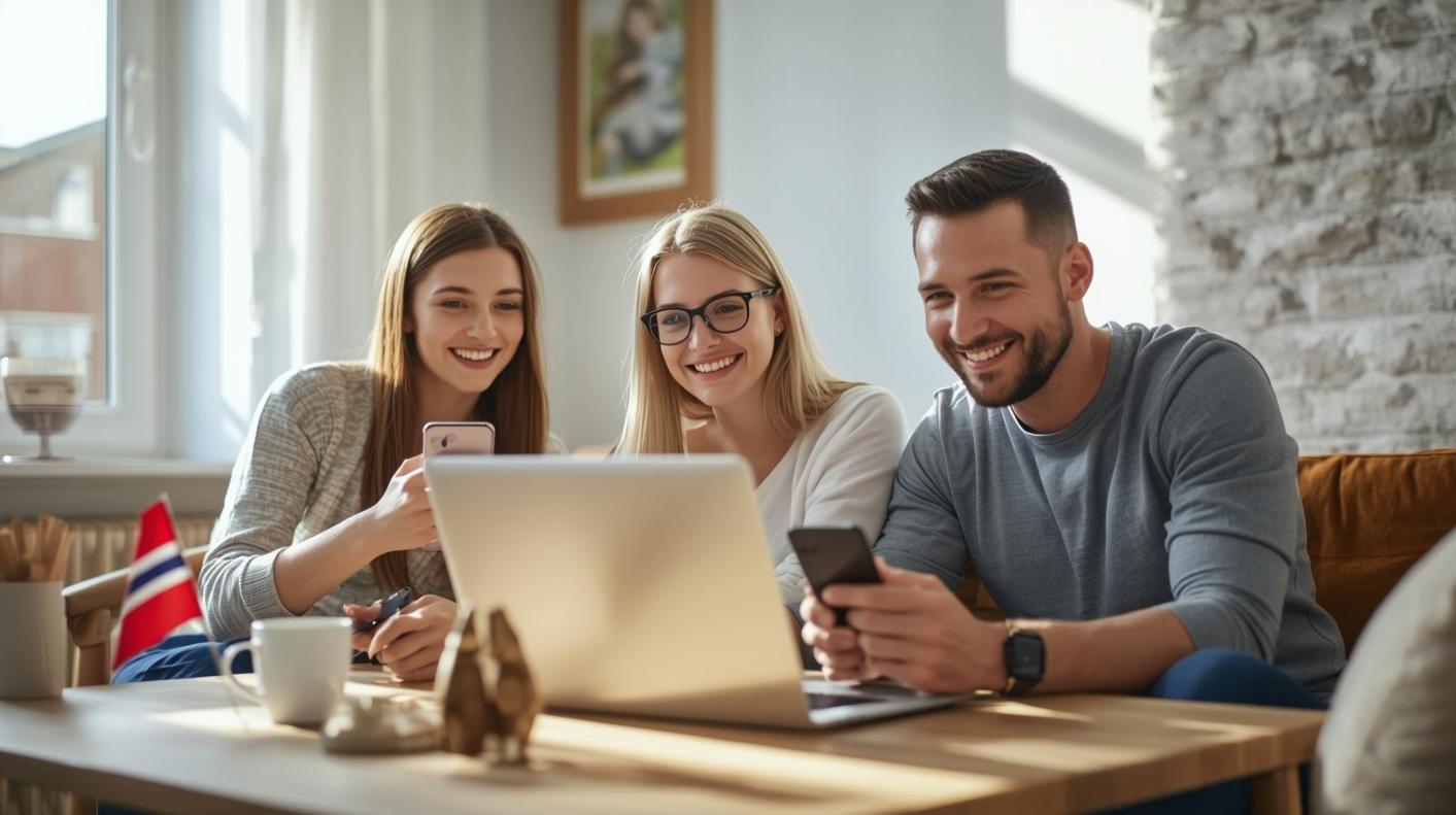 Three Norwegian players smiling while exploring online casino bonuses on blurred laptop screens.
