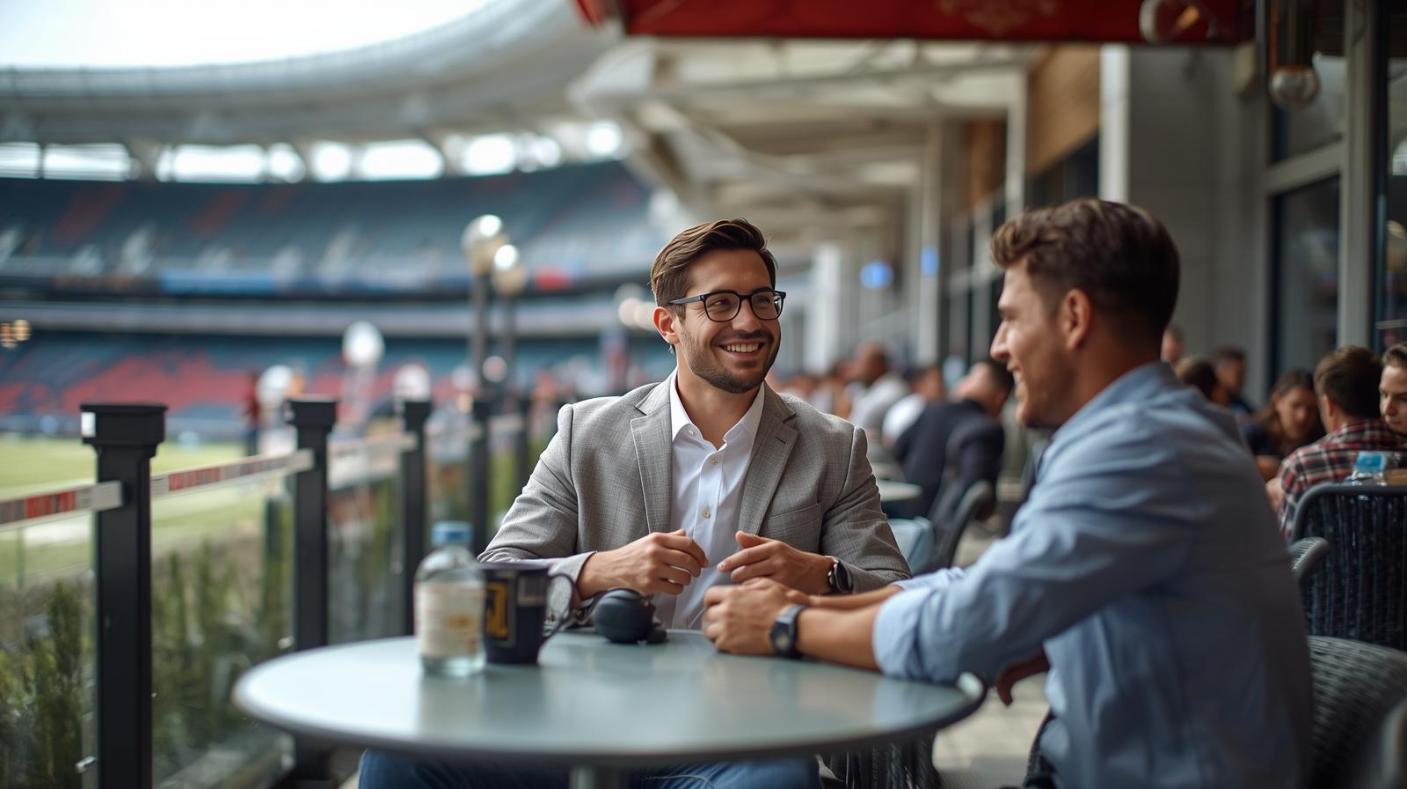 Confident sports bettors discussing strategies outdoors in a bright, relaxed, modern setting.