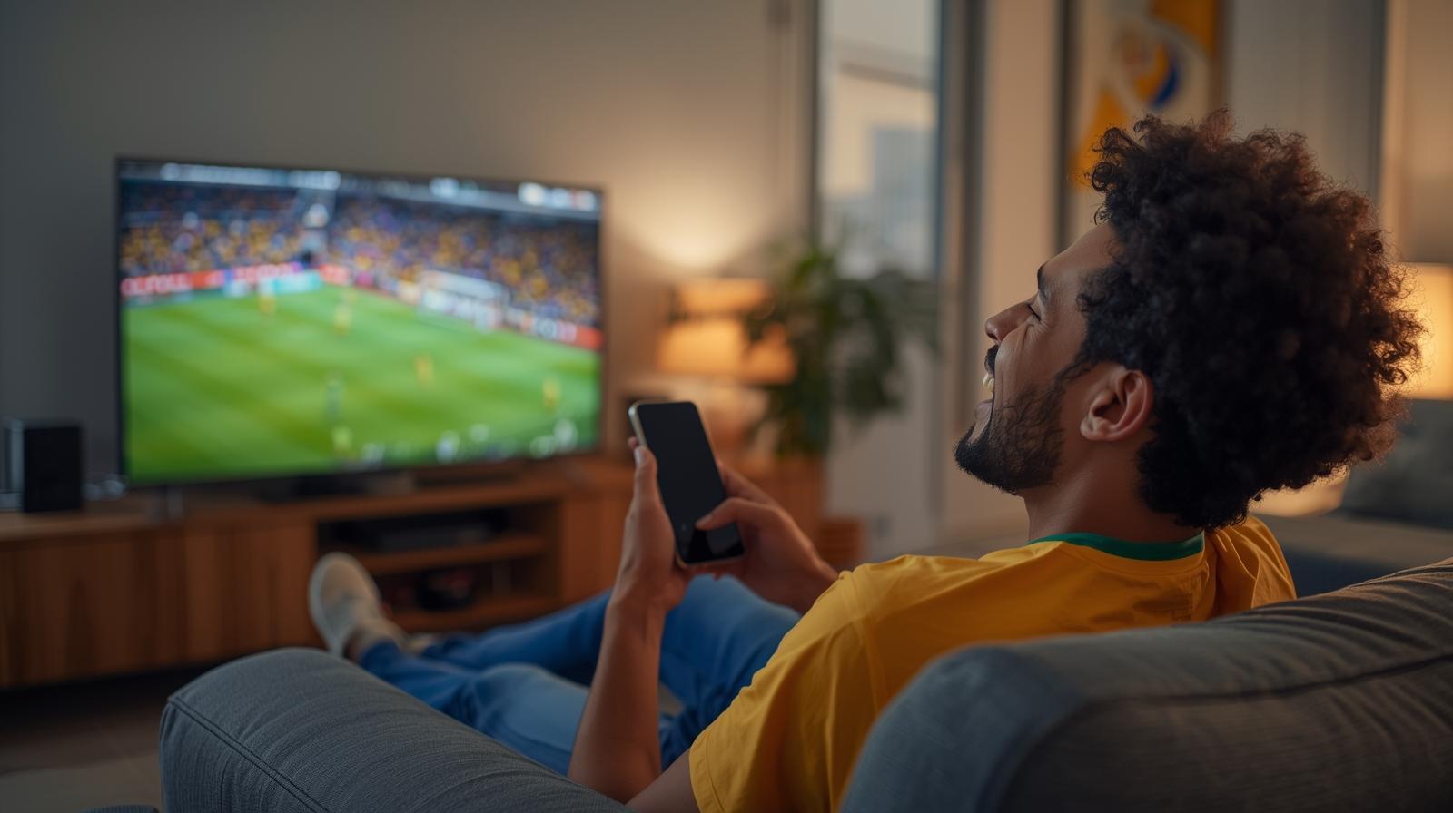 Relaxed sports fan enjoying online betting entertainment in a bright, welcoming environment.
