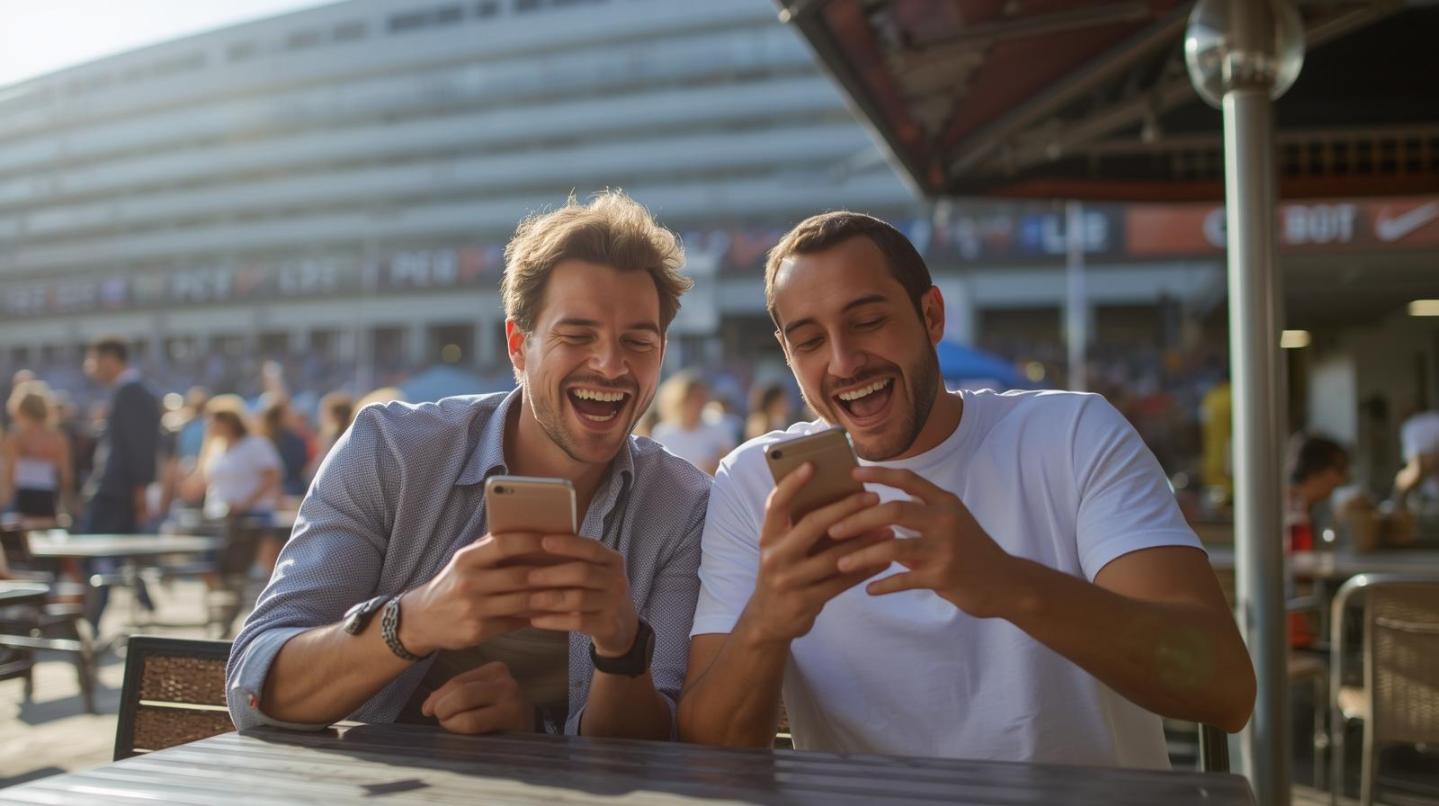 Two friends at café near stadium discussing sports statistics joyfully.