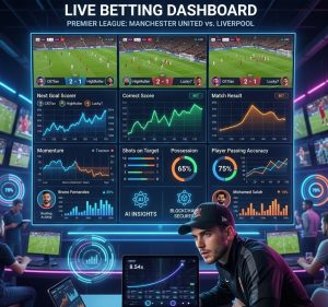 A live sports betting dashboard displayed on multiple screens showing real-time odds changes during a football match, with statistical graphs, momentum charts, and a bettor analyzing the game intensely in a modern sports lounge setting.
