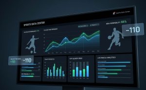 Sports analytics dashboard with graphs, performance metrics, athlete silhouettes, betting odds overlays, clean modern data-driven sports gambling aesthetic.
