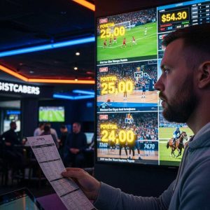 A bettor holding a betting slip with multiple selections, sports screens showing different matches, glowing odds and payout numbers, intense focus, modern sportsbook environment with dynamic lighting.