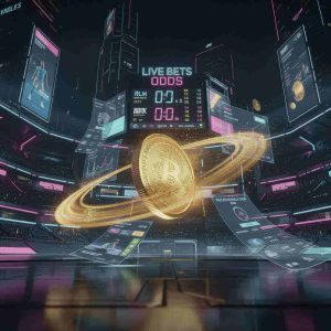 A high-energy digital scene featuring a glowing coin flip in mid-air, surrounded by sports elements like a stadium and scoreboard, with neon lights emphasizing fast-paced online betting action