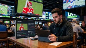 A sports bettor analyzing odds on a tablet while watching a live game, split screen showing potential outcomes, financial calculations, and modern sportsbook setting.