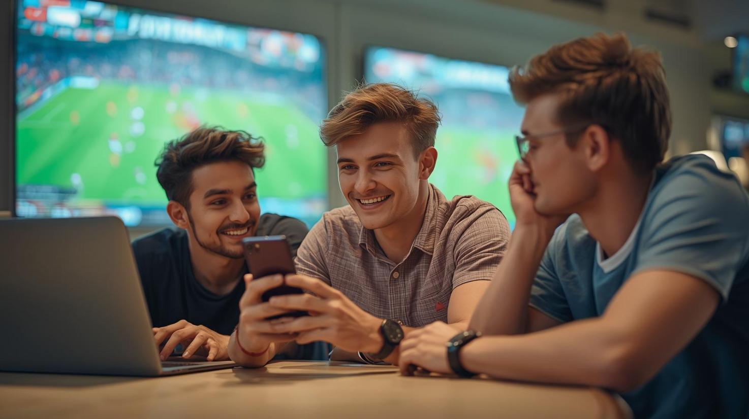 Friends discuss football statistics together inside lively sports bar during exciting evening match.