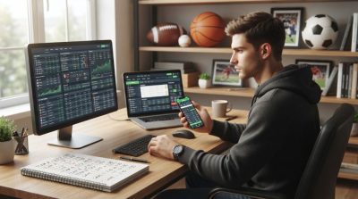 a sports bettor comparing betting odds on multiple screens, featuring a laptop with sports statistics, a smartphone displaying betting odds, a notebook with handwritten calculations, and sports equipment such as a football and basketball in the background
