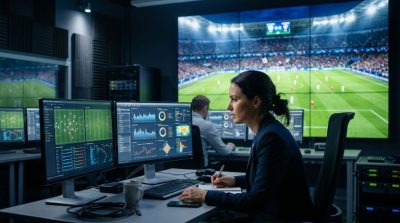 Sports statistics displayed on multiple screens in a professional analysis room, analyst studying team performance while a live sporting event